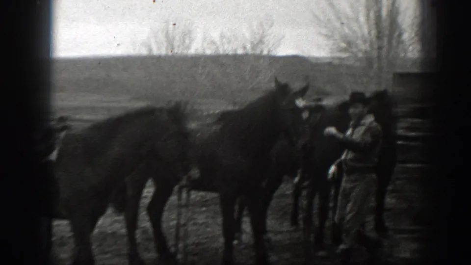 A ranch hand in a dark hat appears with several horses in 1939 Montana home-movie footage near a fence or corral area.