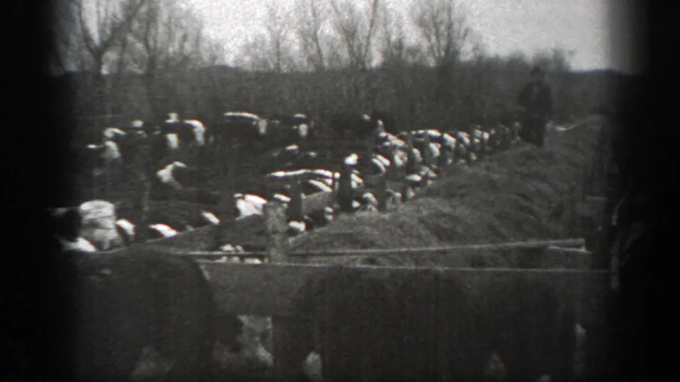 1939 Montana 8mm frame of cattle gathered at a muddy waterhole, framed by fence rails, bare trees, and open pasture.