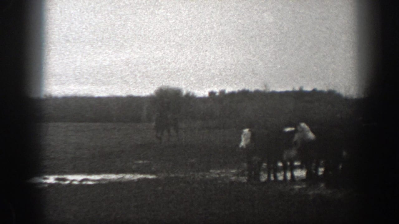 Distant figures and horses or wagon in an open field near a muddy patch.