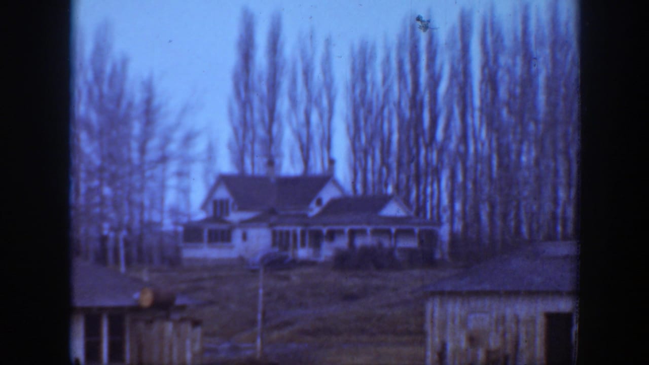 1939 Montana home-movie frame showing a rural house beyond a yard, backed by tall leafless trees and a blue sky.