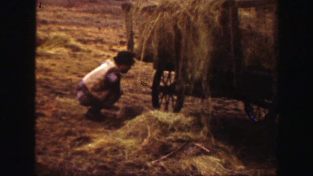 A farm worker crouches beside loose hay and the wagon wheels during the Montana haying scene.
