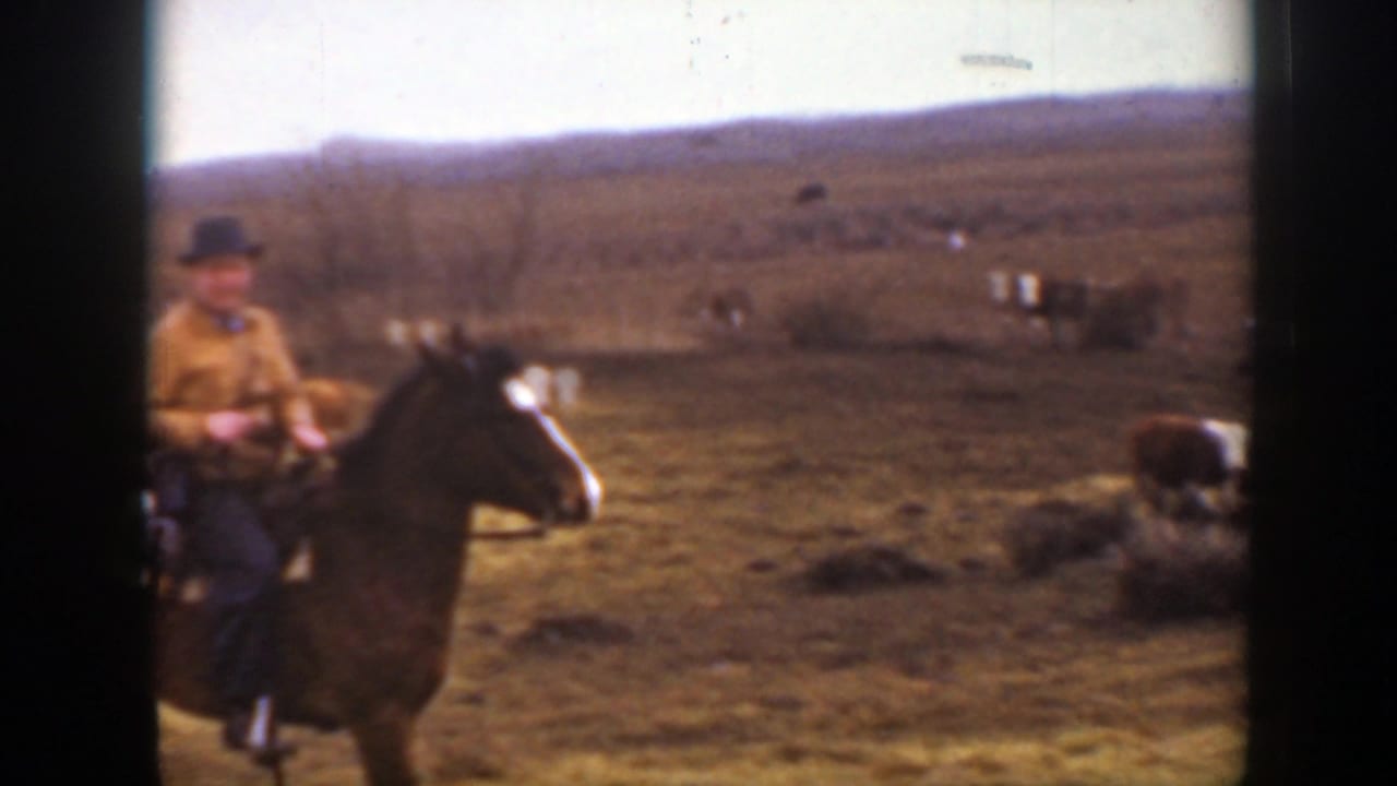 A Montana ranch rider on horseback appears at the left edge while cattle remain spread across the open 1939 landscape.