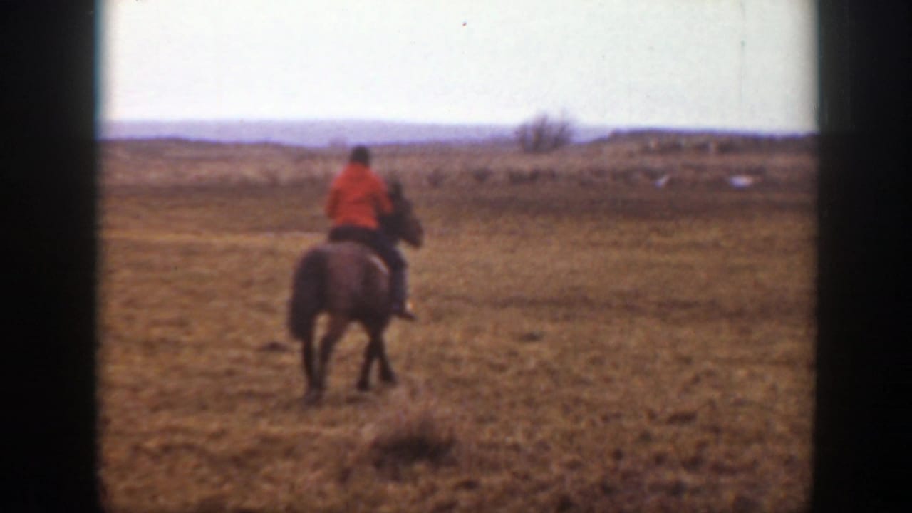 A rider in a red top travels away across an open Montana field, seen from behind in soft 8mm color.