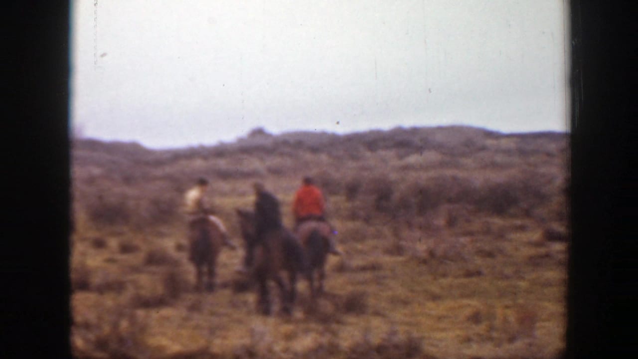 Three riders on horseback moving away across rough grassland.