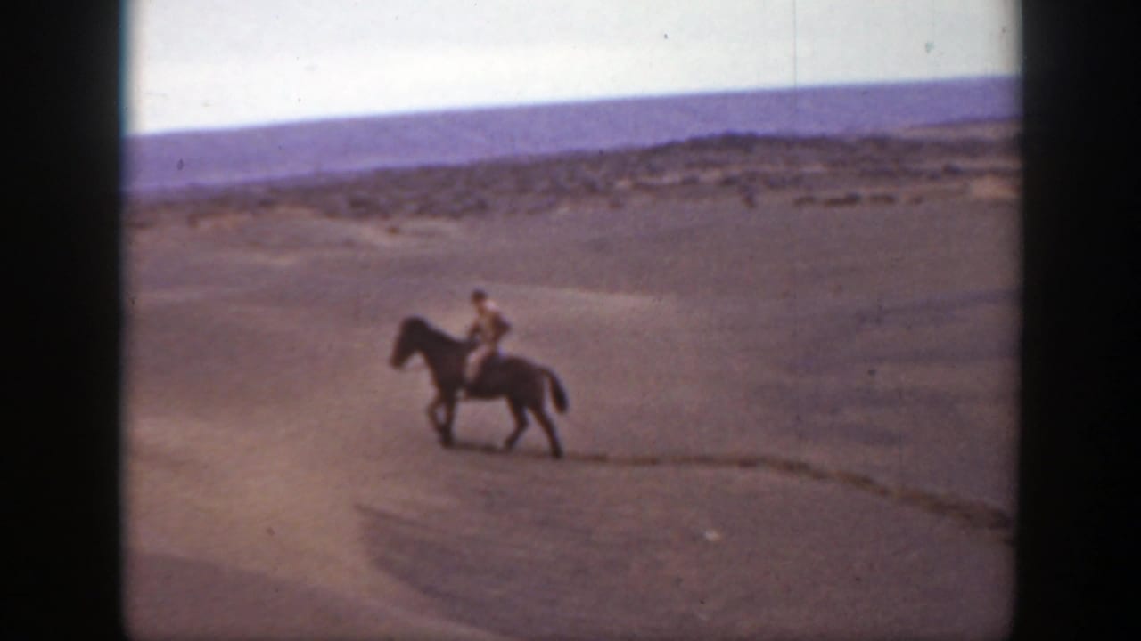 A single rider on a dark horse crosses sandy ground with low hills in the distance.
