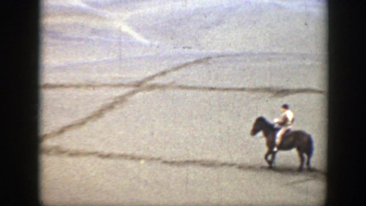 A rider on horseback stands or moves slowly across open dusty terrain.
