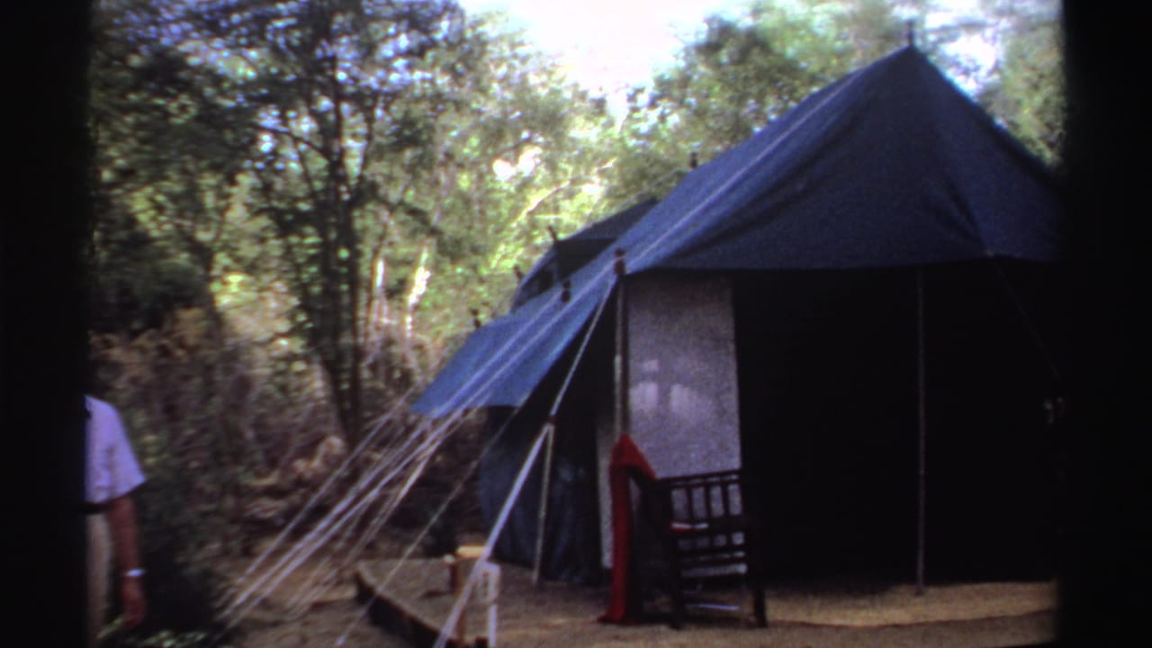 Man standing beside blue canvas tents on a wooden platform in a wooded camp.