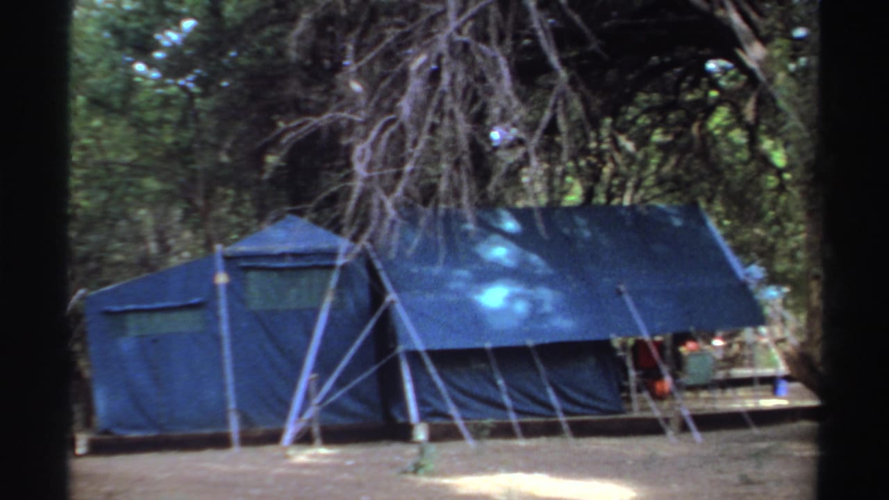 Blue tent in wooded shade with poles and small distant figures near camp gear.