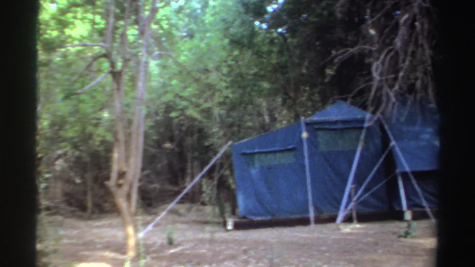 1969 Sudan 8mm frame showing the side of a blue canvas tent among trunks, poles, ropes, and shaded undergrowth.