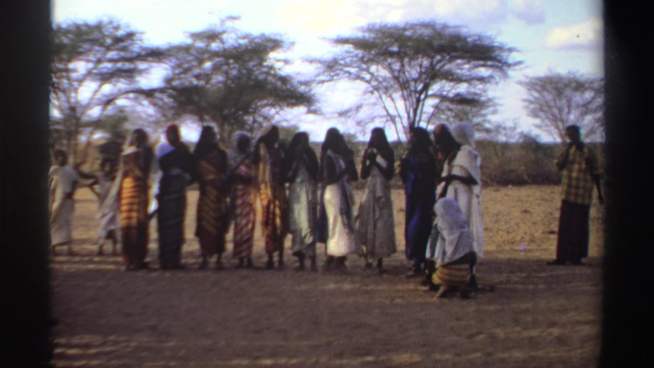Group of women in colorful dresses stand and move in an open landscape.