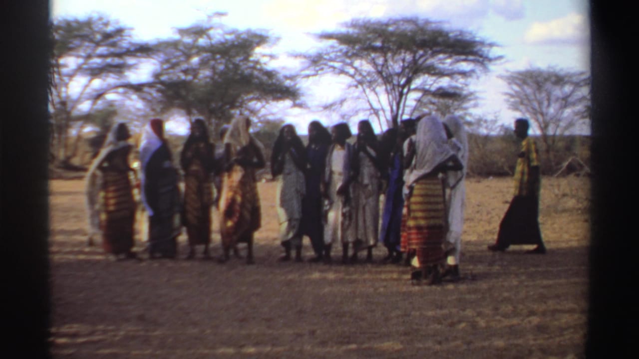 Group of women standing in a dry field with trees behind them.