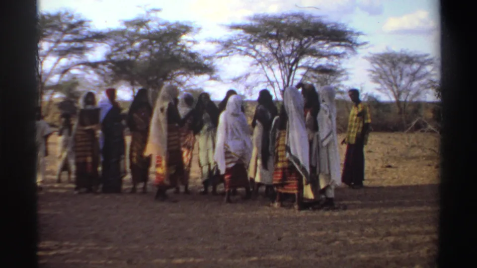 Women in long garments and head coverings stand closely together in Sudan, with dry ground and acacia-like trees behind them.