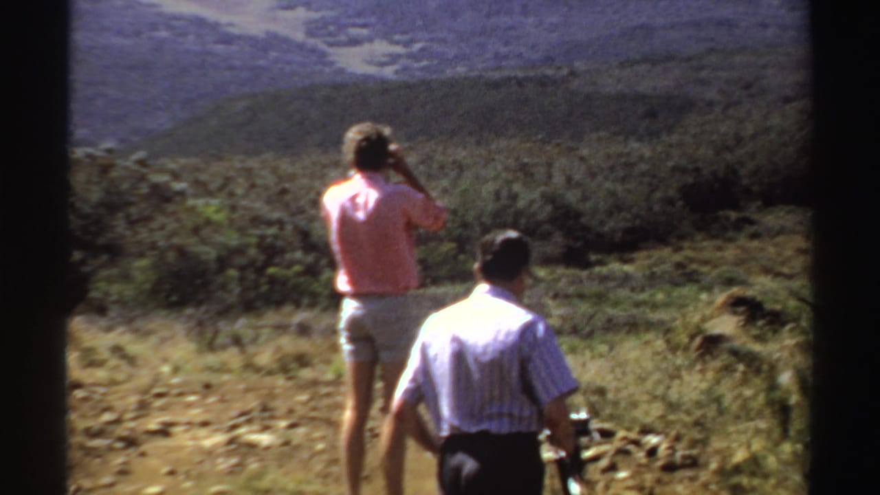 A woman photographs the view while a man stands nearby on a dry hillside.