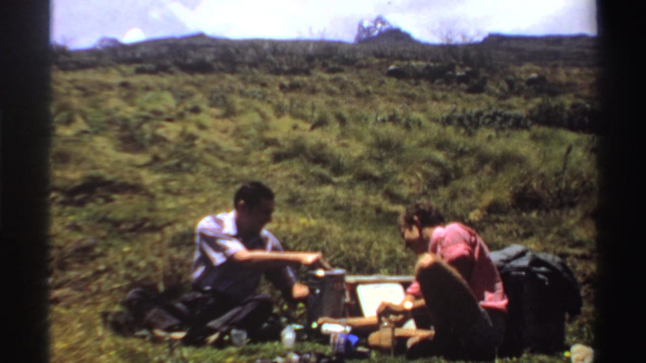 Two men sit on grass with picnic items and a thermos in a rural landscape.