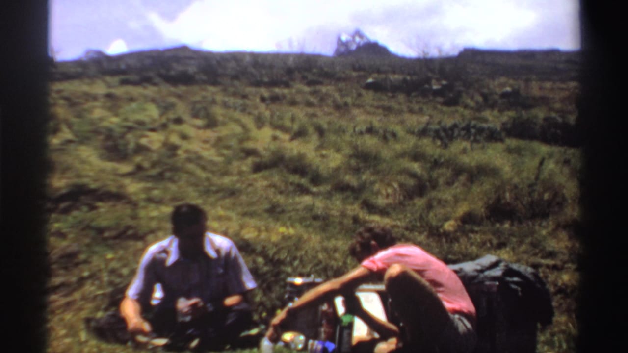 Two men sit in a grassy field beside picnic gear and bags.