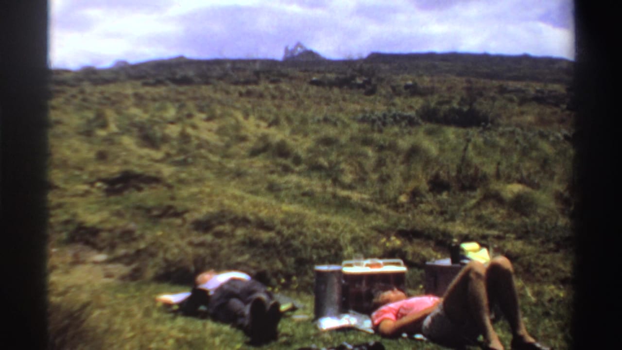 Reclining figures beside supplies on a green hillside under a bright sky.