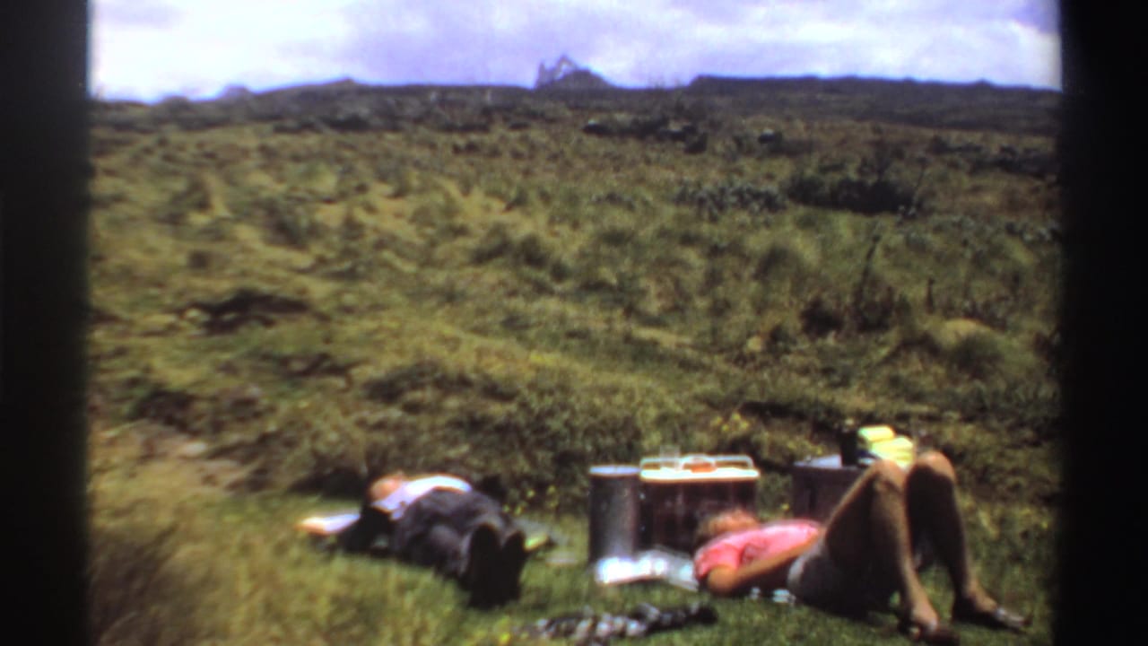 Two reclining people and picnic gear sit low in a grassy hillside frame.
