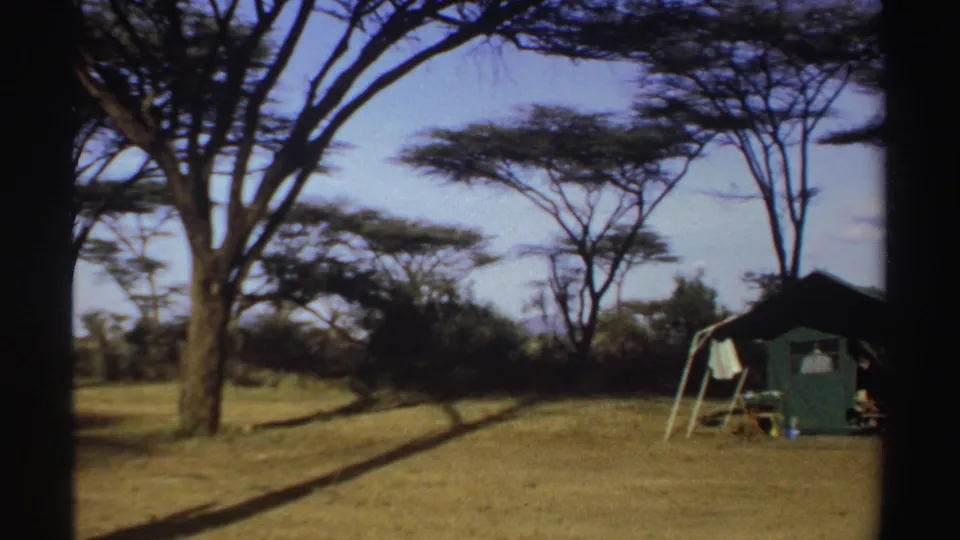 1969 Sudan 8mm frame showing a green canvas tent set among acacia-like trees under a clear blue sky.