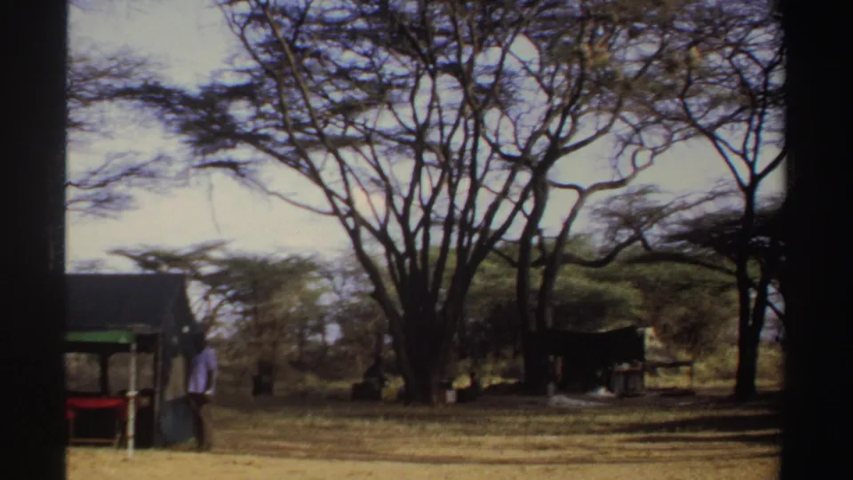 1969 Sudan travel-film frame with the camp receding behind trees as the handheld pan widens across dry ground.