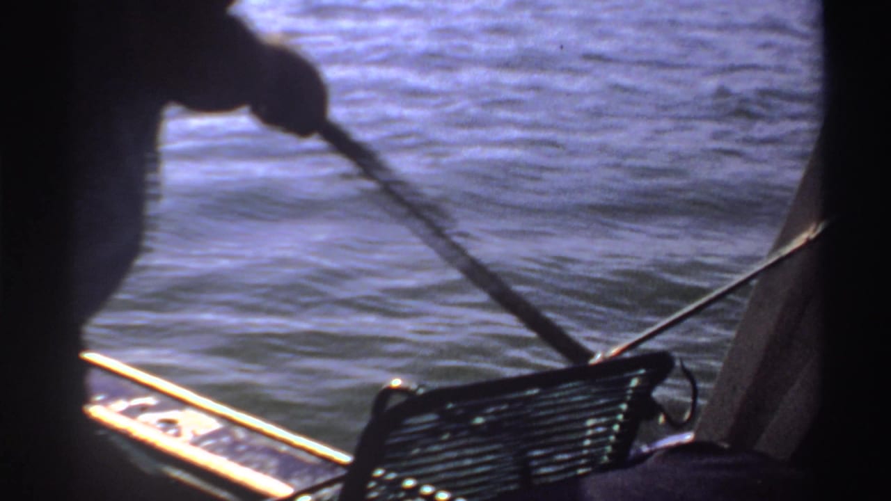 Person on a boat holds a long pole or line over rippled water.