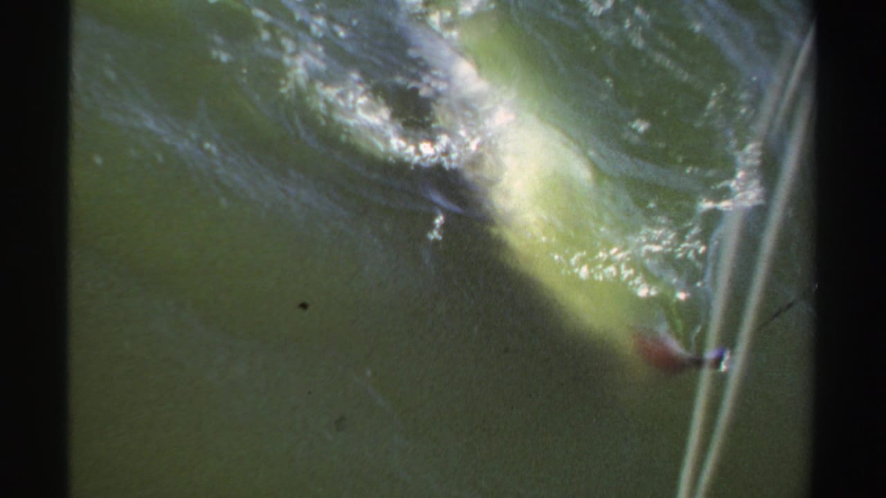 Close 8mm view of the fish near the water surface in Sudan, with line tension and glare visible in the frame.
