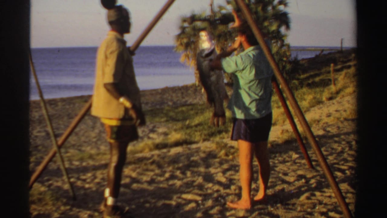 Two men stand on a sandy beach beside a large fish hanging from a pole near the sea.