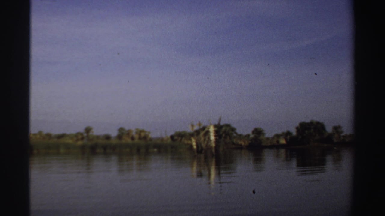Calm lake with distant trees, pale sky, and dark film-frame borders.