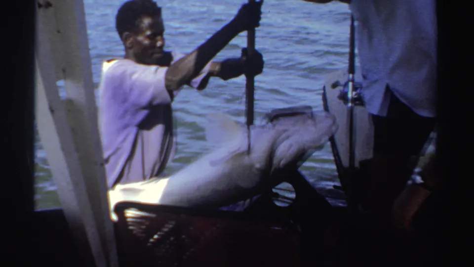 1969 Sudan frame of a man handling a long pole beside a boat while a large pale fish lies close to the gunwale.