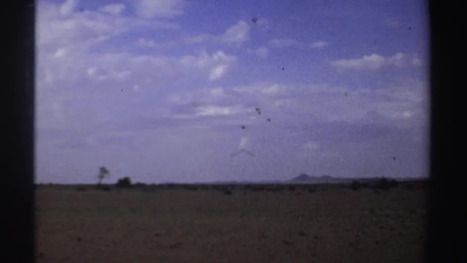 A second wide view shows Sudanese open terrain, distant horizon features, and a clouded sky in soft 8mm color.
