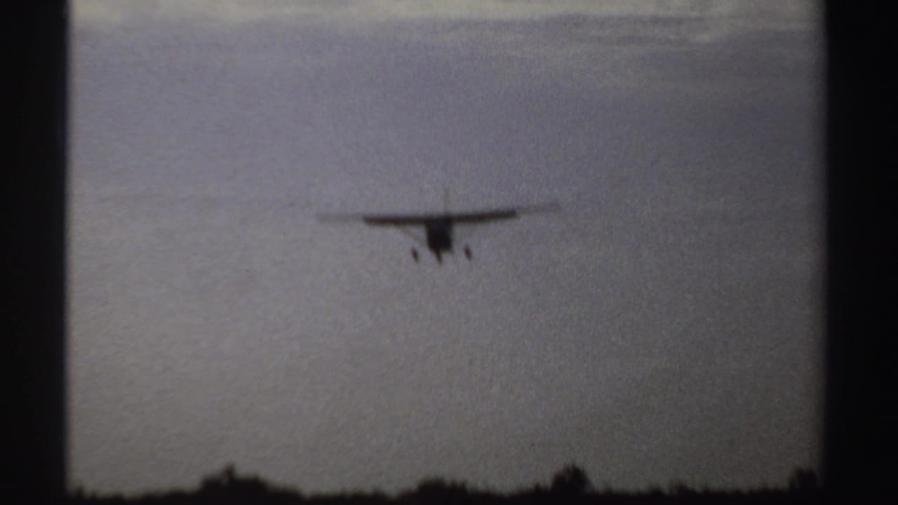 Small airplane descending toward a treeline with landing gear visible.