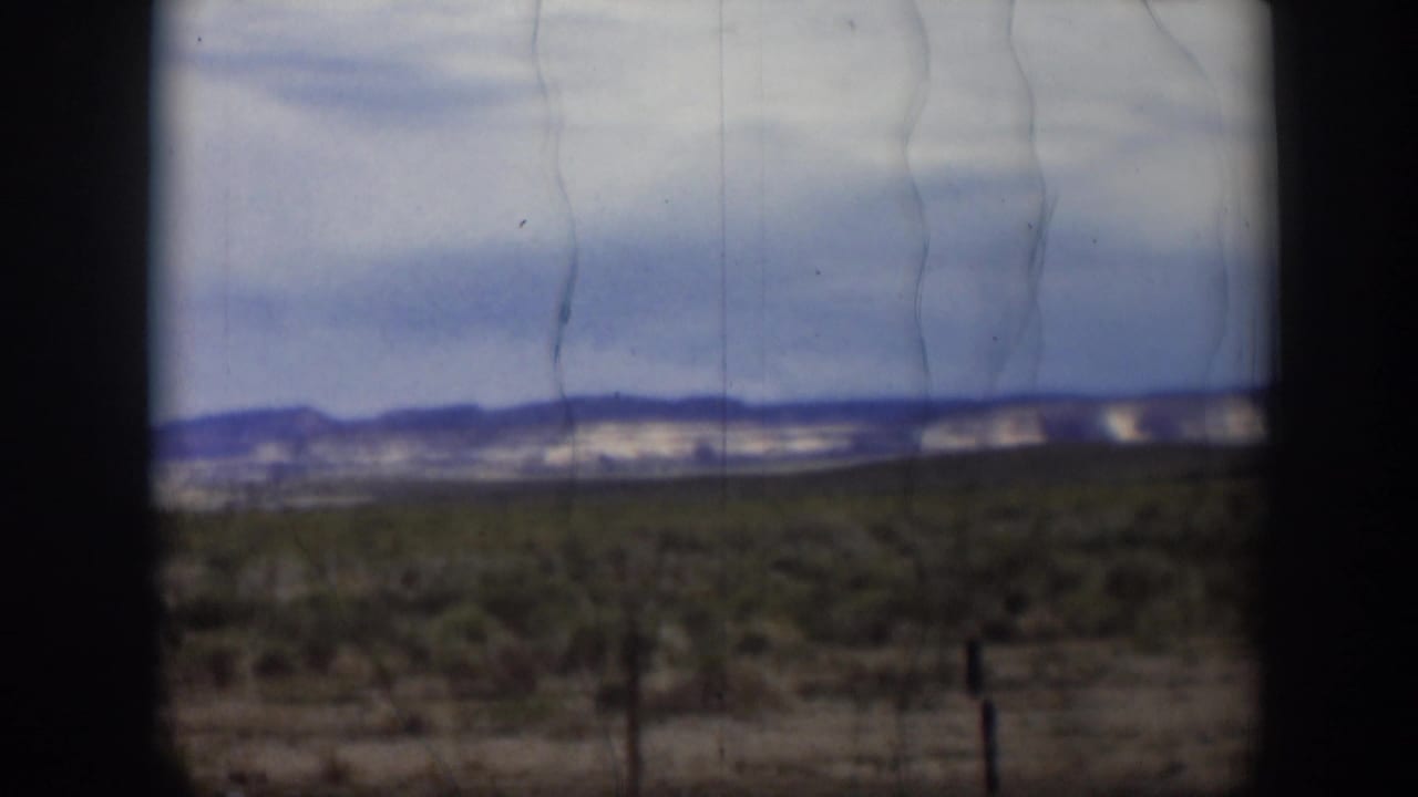 Soft 8mm view of Utah desert vegetation and fence posts with blue hills in the distance beneath a pale clouded sky.