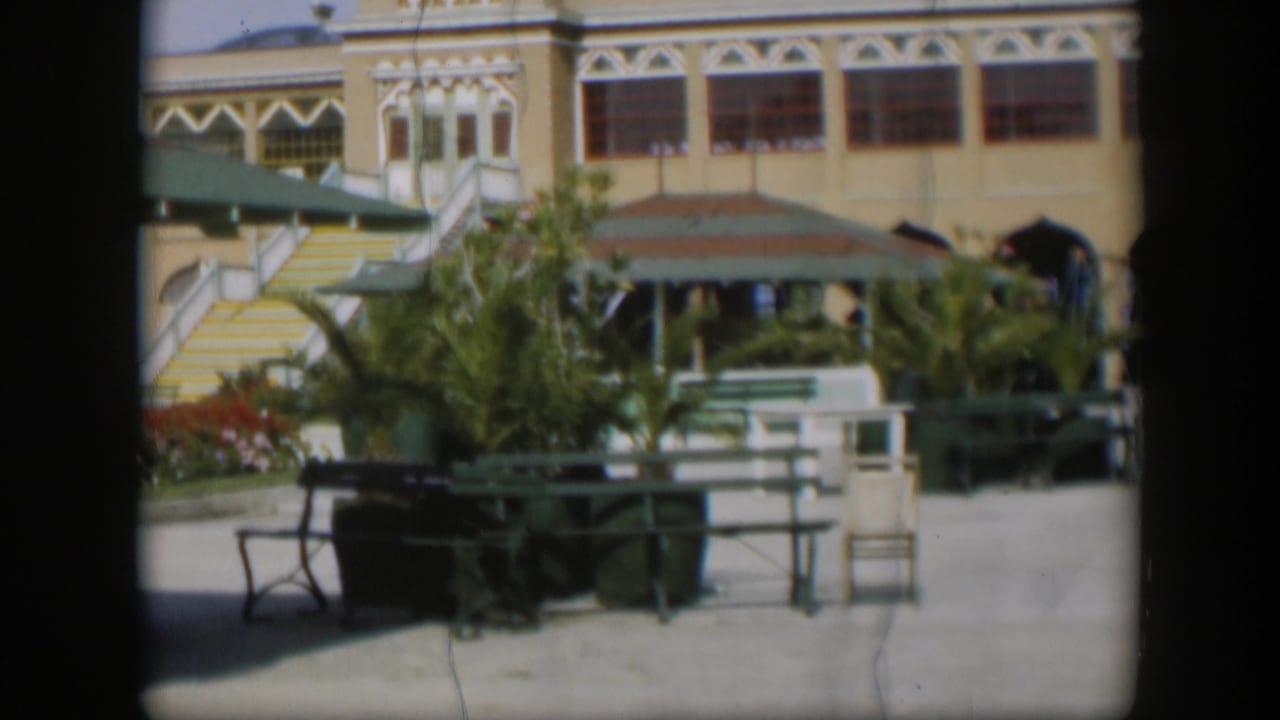 Sunlit Utah courtyard in 1951 with green metal patio furniture, umbrellas, plants, and yellow-striped steps near a building entrance.