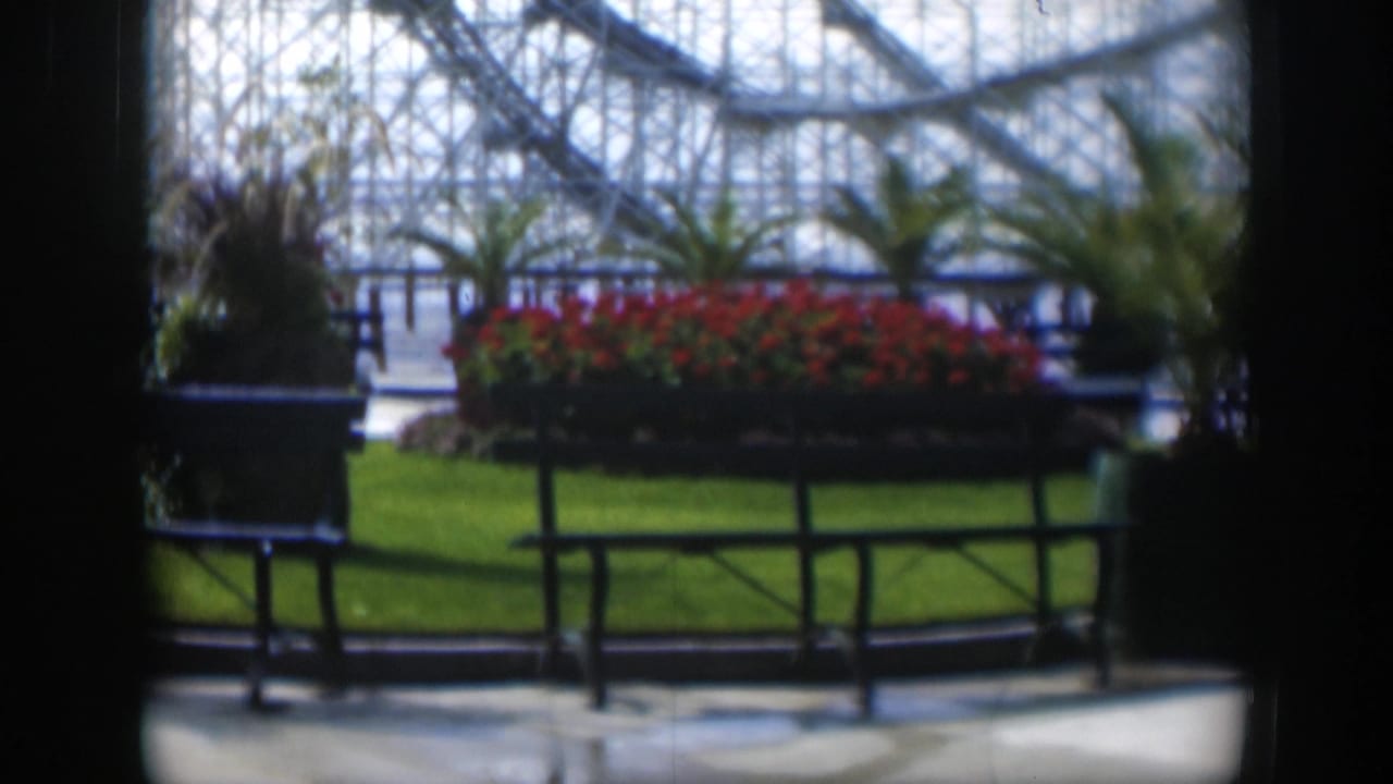 1951 Utah 8mm frame showing a landscaped garden near the Salt Lake Tabernacle, with red flowers, lawn, benches, and glasshouse structure.