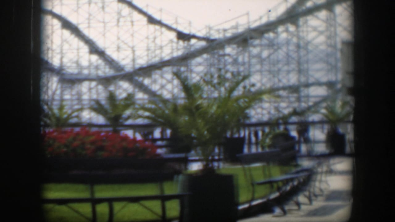 1951 Utah 8mm view of a roller coaster behind palms, red flowers, lawn, railings and benches from a shaded vantage point.