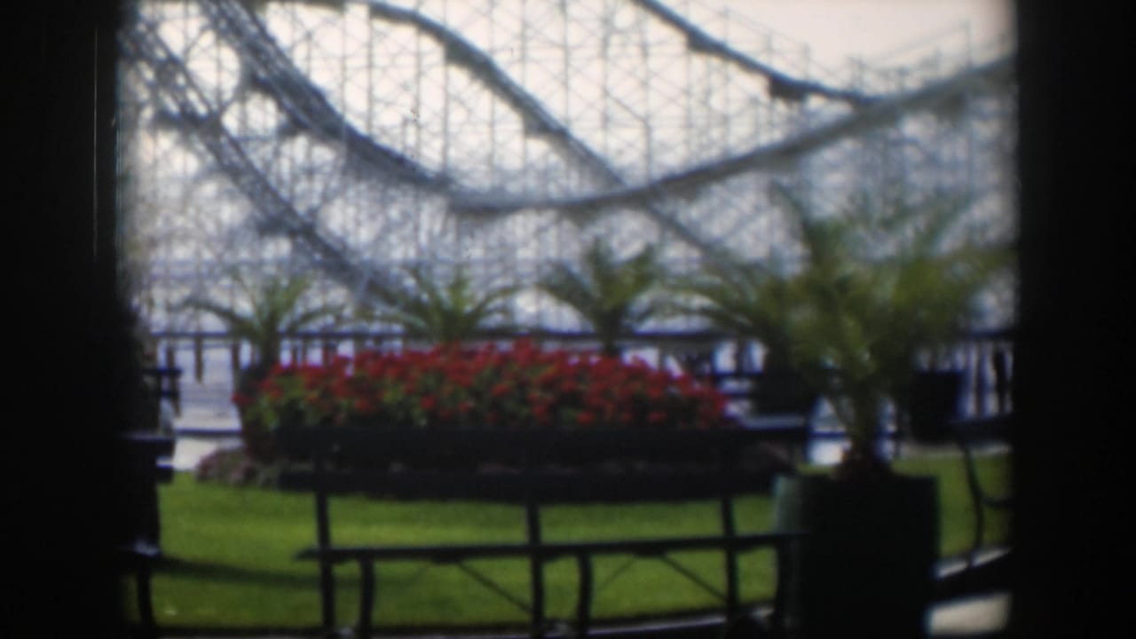 1951 Utah amusement park view with roller coaster supports, palm planters, red flowers, railings and a lawn area in soft 8mm focus.