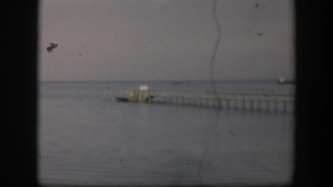 Long wooden dock extending over calm water with a small boat near the end.
