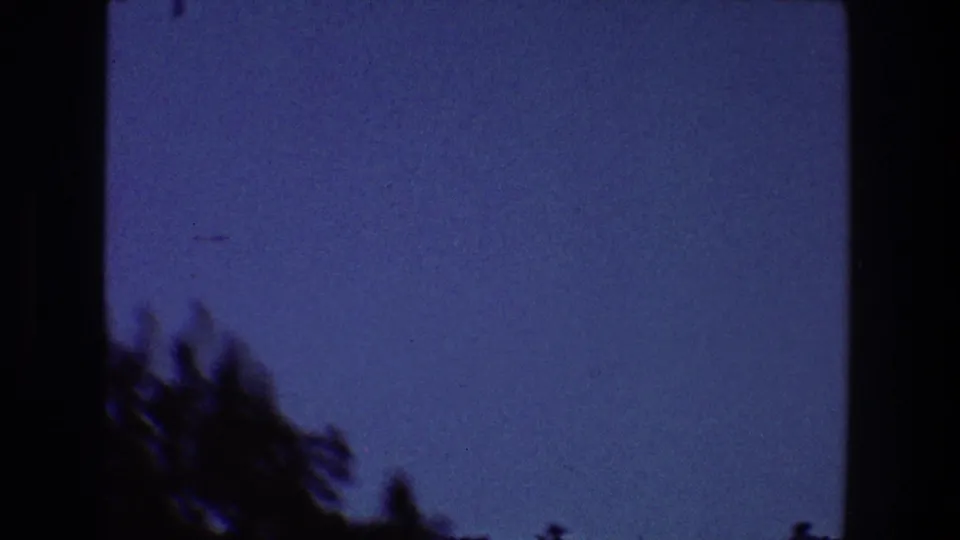1968 Toledo 8mm frame looking upward at blue sky over silhouetted trees with archival film marks.