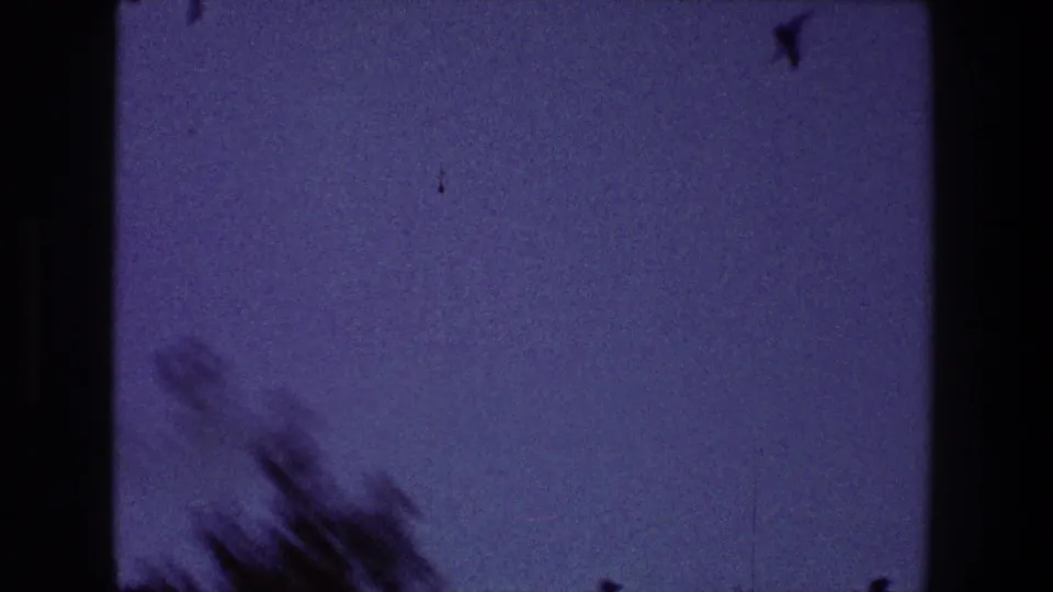 1968 Toledo home-movie frame showing purple twilight sky, soft tree silhouettes, grain, and edge marks from the 8mm scan.