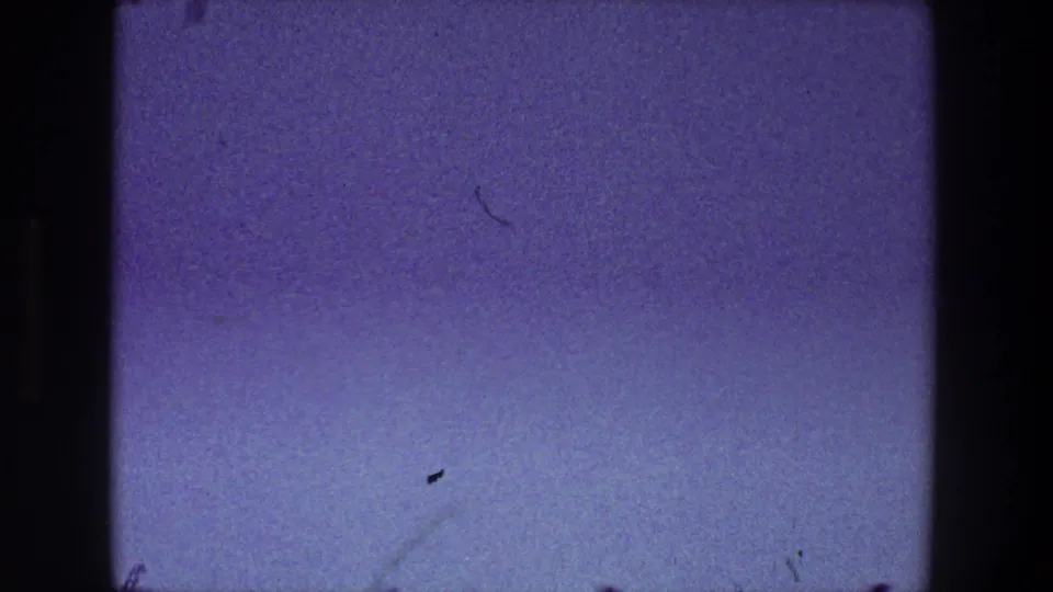 1968 Toledo 8mm frame showing a pale blue exposure with dust specks, scratches, black gate edges, and a faint diagonal trace.