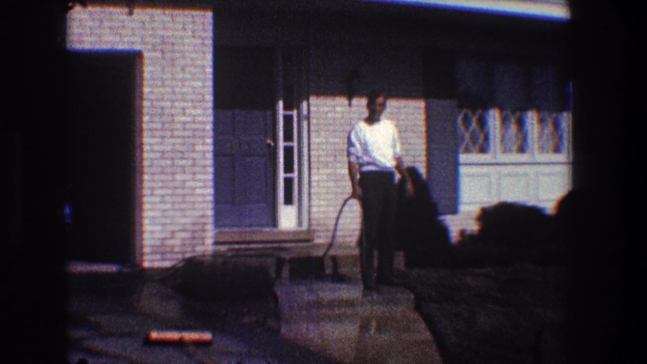 The man remains near the front steps of the Toledo brick house, holding the hose as sunlight falls across the blue door, shutters, and diamond-paned windows.