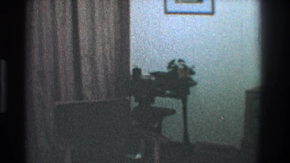 1968 Toledo interior frame with curtains, framed wall decor, a small stand or plant table, and dark furniture in a blue-tinted room.