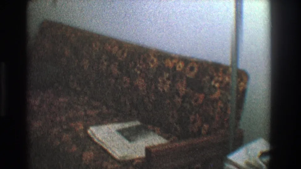 1968 Toledo domestic interior with patterned sofa, vertical lamp pole, and newspapers partly visible in the foreground.