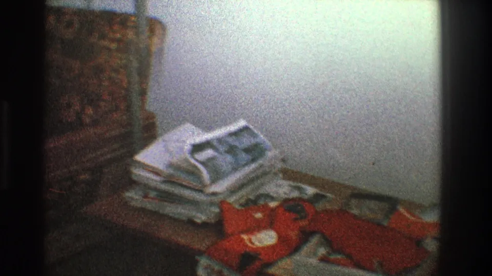 1968 Toledo living-room detail showing stacked newspapers, red fabric or clothing, sofa edge, and pale wall.