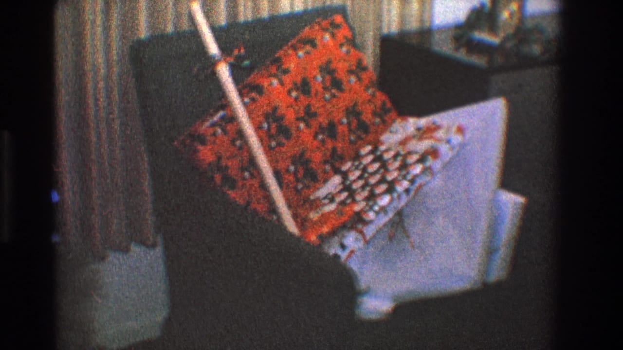 Closer view of a dark chair with patterned pillows, a broom handle, curtains, and a side table.