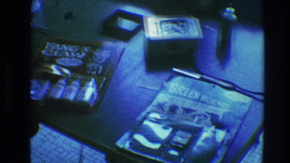 Blue-tinted 1968 Toledo frame with Green Hornet comic, packaged toy, small tabletop device, cord or strap, and glasses in a private interior.