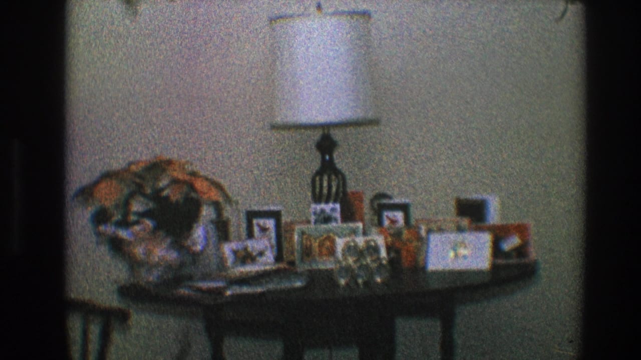 Tabletop with lamp, framed photographs, small objects, and a floral or fabric arrangement.