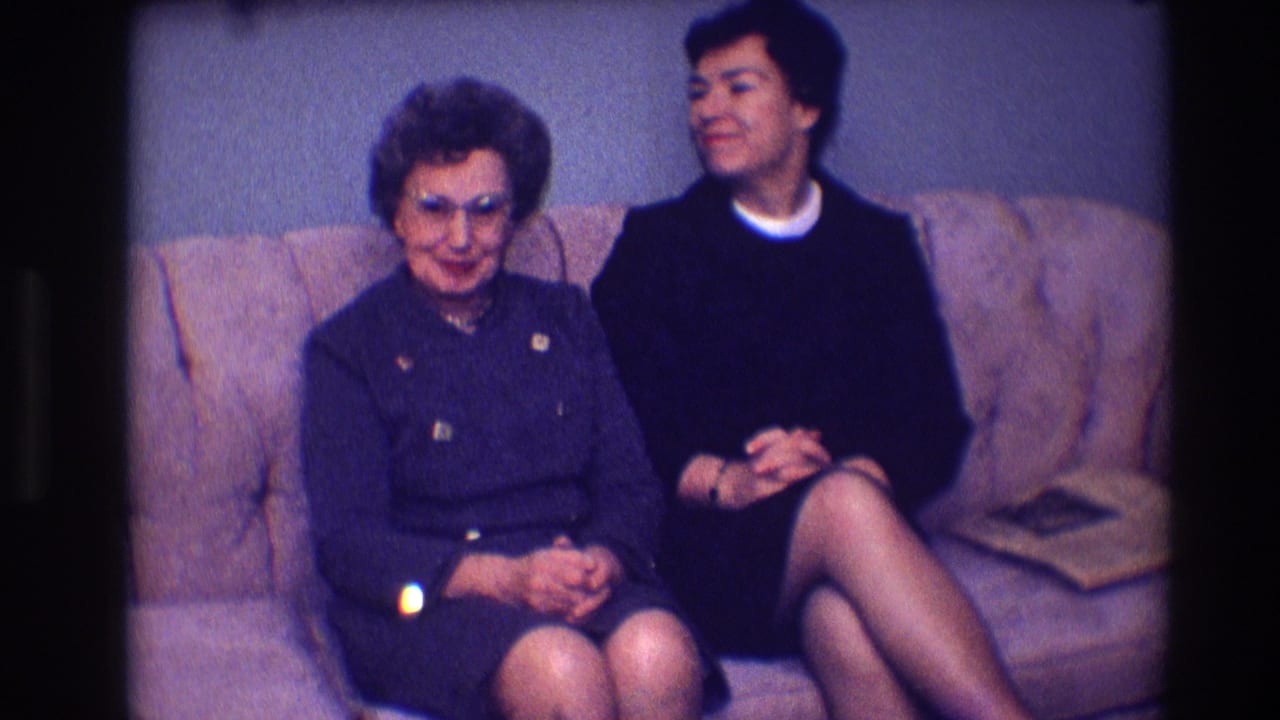 Two adult women sit on a brown sofa, smiling toward the camera in a living room.