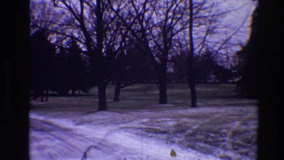 A snow-dusted roadway bends through the Toledo cemetery landscape, framed by bare trees and soft 8mm exposure.