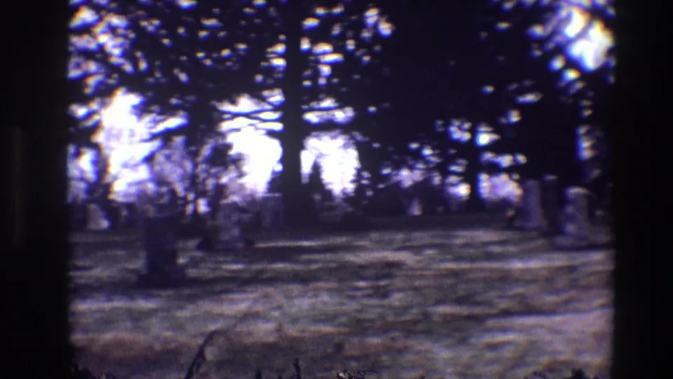Home-movie frame from Toledo, 1968, showing grave markers among trees with soft focus and heavy grain.