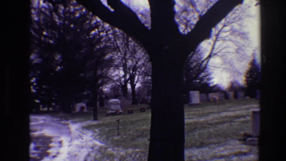 1968 Toledo, Ohio cemetery frame showing a path or drive, a large bare tree, winter grass, scattered headstones, and evergreen trees.